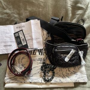 MZ Wallace Micro Black Quilted Crossbody with Red Leather Accents